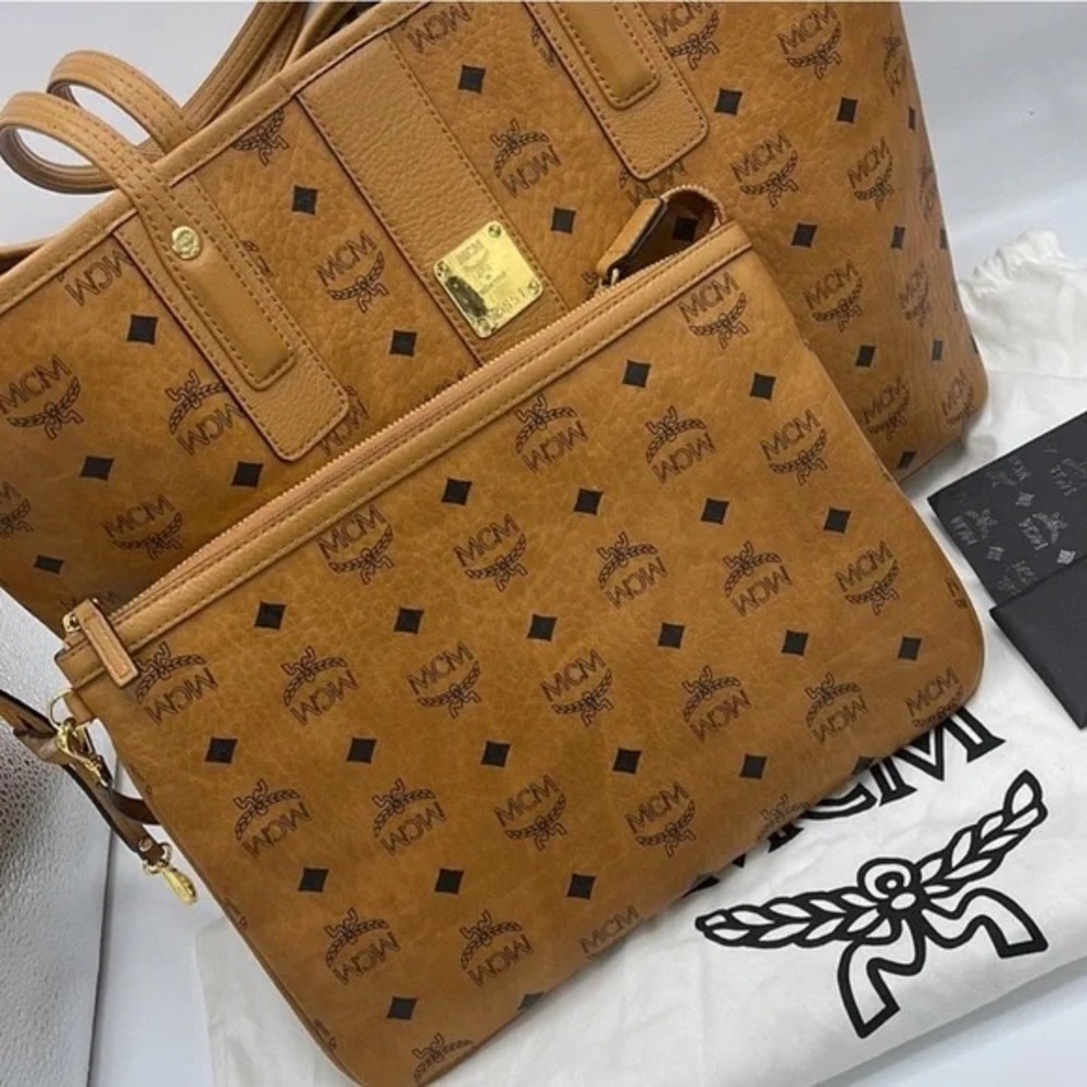 MCM Visetos Liz Reversible Shopper Medium Tote Cognac With Pouch